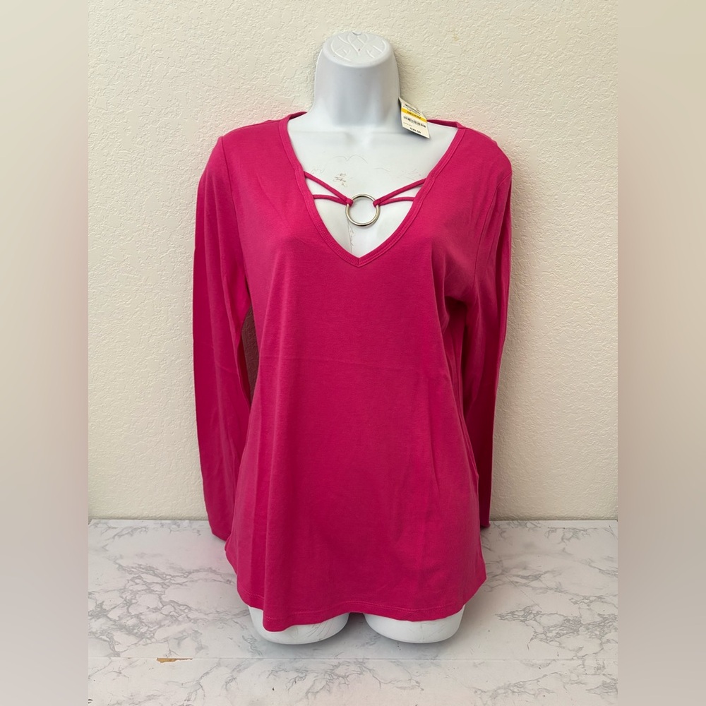 NWT INC International Concepts GARDEN DC Pink V Neck Top Sz M Long Sleeve - Picture 1 of 5